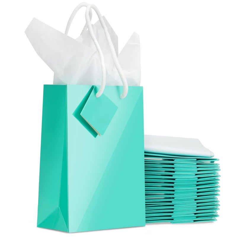 BLUE PANDA Gift Bags - 20 Pack Small Teal, 7.9 x 5.5 x 2.5 In - Teal Party Favor Bags for Baby Shower, Wedding & Birthday with Tags & Tissue Paper - Image 1